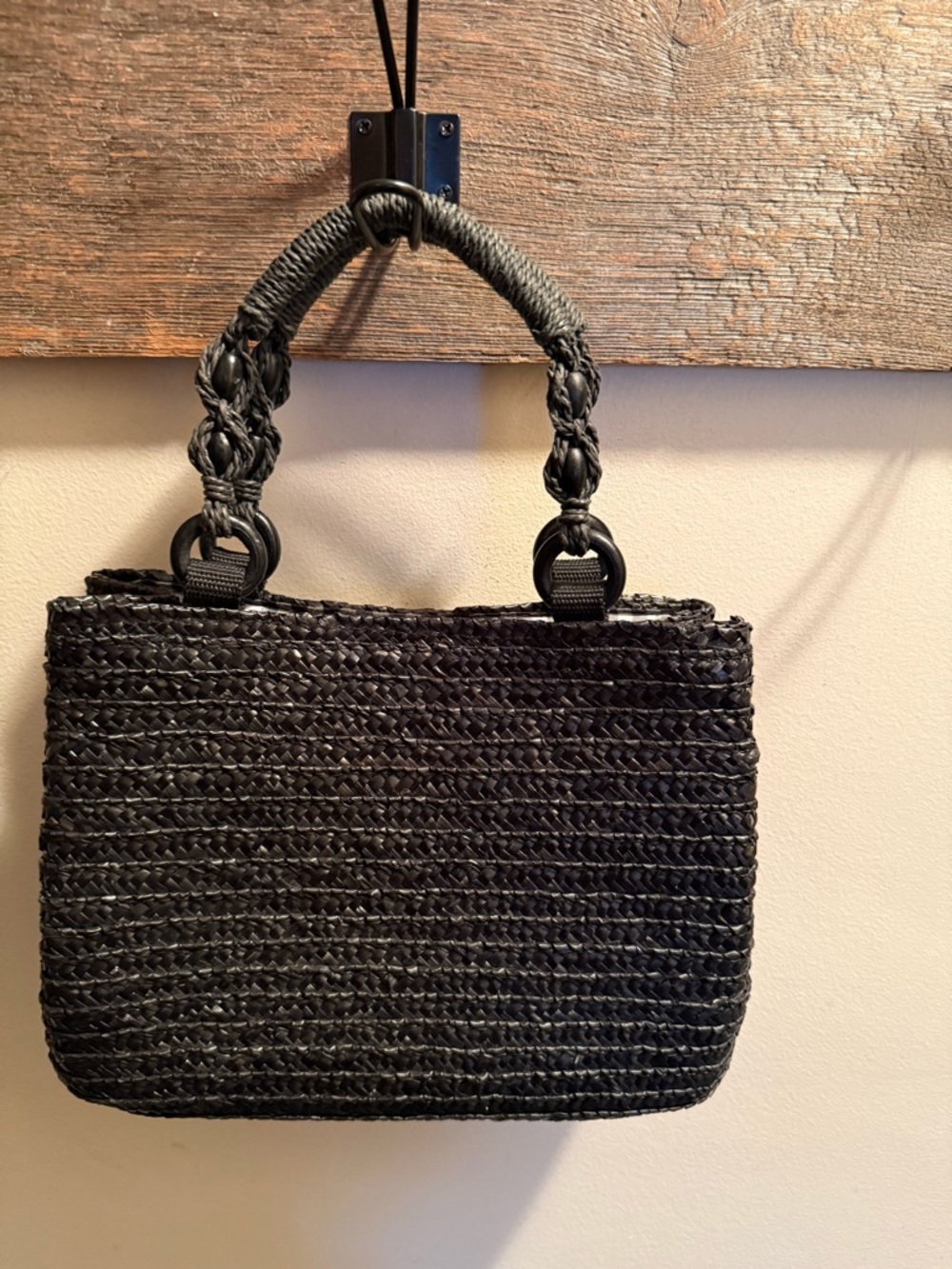 Croft & Barrow Black Woven Top-Hand Gingham Interior Satchel EUC
